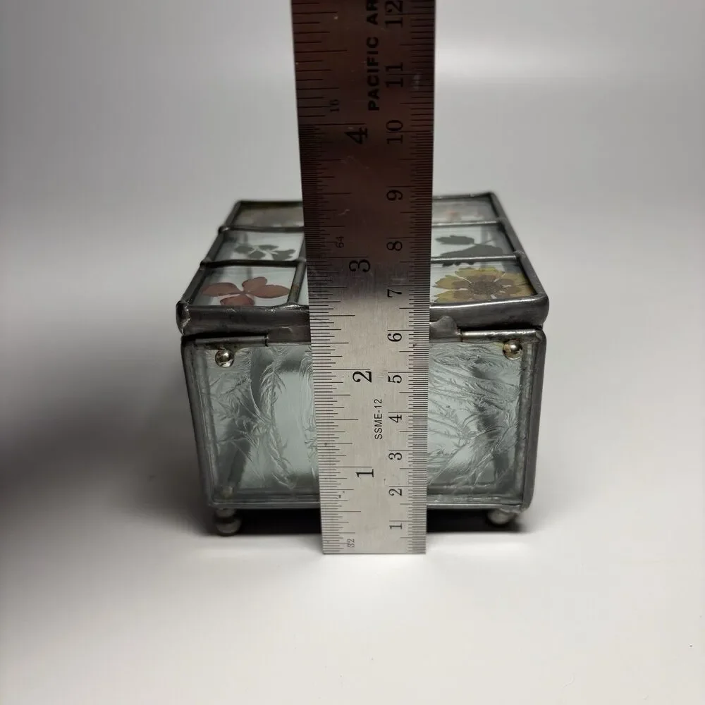 Vintage Glass Trinket Jewelry Box Hinged Pressed Flowers Mirror Base PAPYRUS